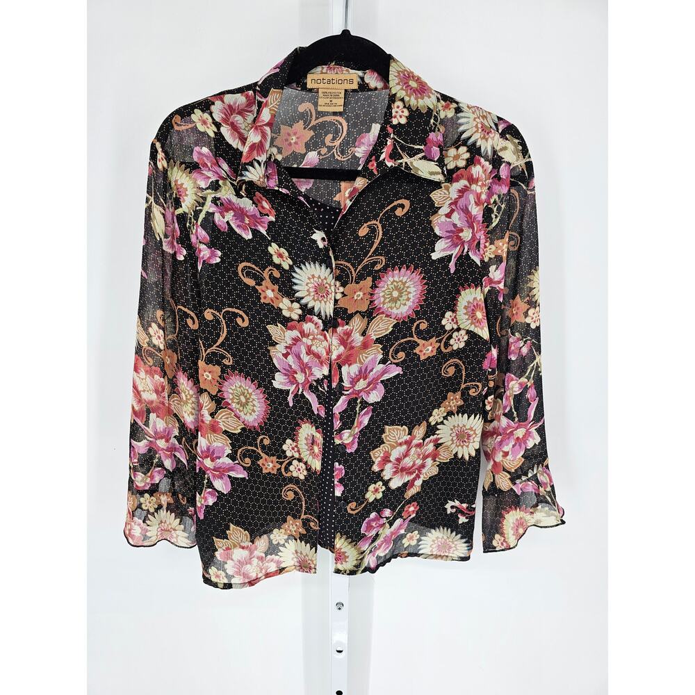Notation Women's Long Sleeve Floral Polyester Button Down Casual Top Size M